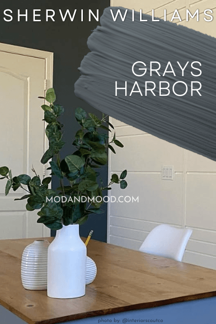 Sherwin Williams Grays Harbor swatched over a photo of the color on a wall in a kitchen