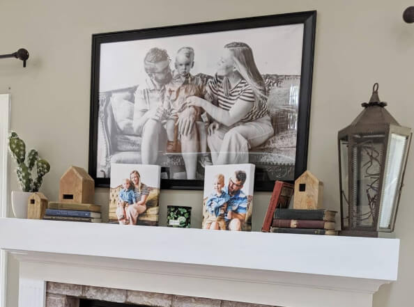 Sherwin Williams Jogging Path on the wall above a mantle behind a large family photo