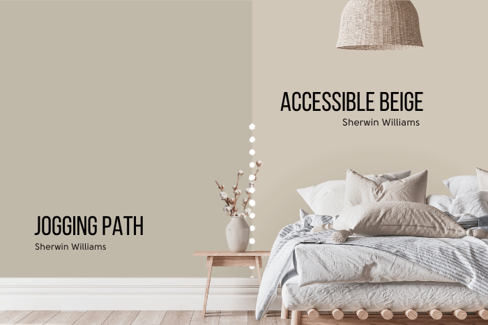 Sherwin Williams Jogging Path on half of a wall with Accessible Beige on the other half behind a bed with lots of white overstuffed bedding.