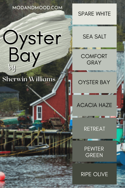Sherwin Williams Oyster Bay color strip features from light to dark: Spare White, Sea Salt, Comfort Gray, Oyster Bay, Acacia Haze, Retreat, Pewter Green, and Ripe Olive over a background of a red house in front of a fishing village.