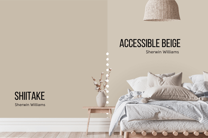 Sherwin Williams Shiitake on half of a wall with Accessible Beige on the other half behind a bed with lots of white overstuffed bedding.