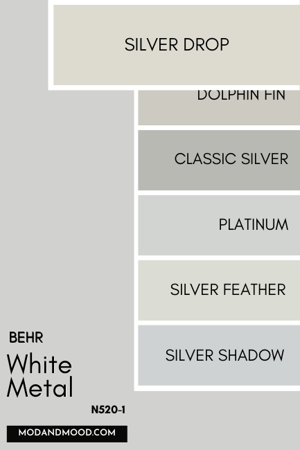 Behr White Metal compared to a variety of similar colors. The swatch of Silver Drop is enlarged to show the difference.