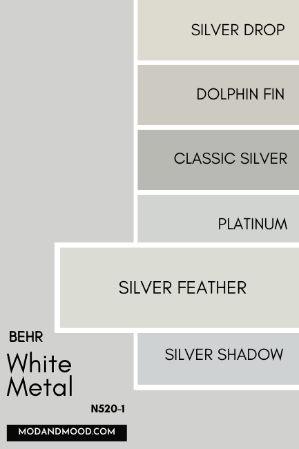 Behr White Metal compared to a variety of similar colors. The swatch of Silver Feather is enlarged to show the difference.