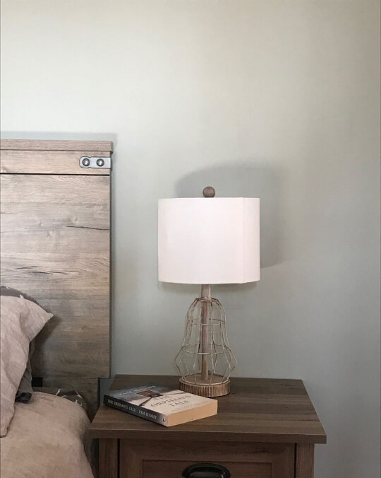 Sherwin Williams Comfort gray on a wall behind a bed
