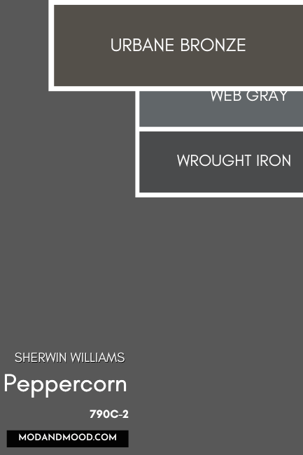 Sherwin Williams Peppercorn color card with swatches of other dark paint colors down the right hand side. Urbane Bronze stands out swatched bigger than the rest of the colors.