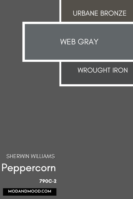 Sherwin Williams Peppercorn color card with swatches of other dark paint colors down the right hand side. Web Gray stands out swatched bigger than the rest of the colors.