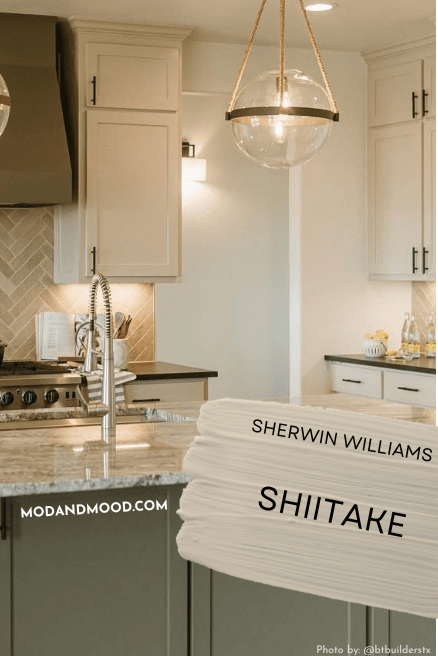 Swatch of Shiitake on kitchen cabinets with cast iron