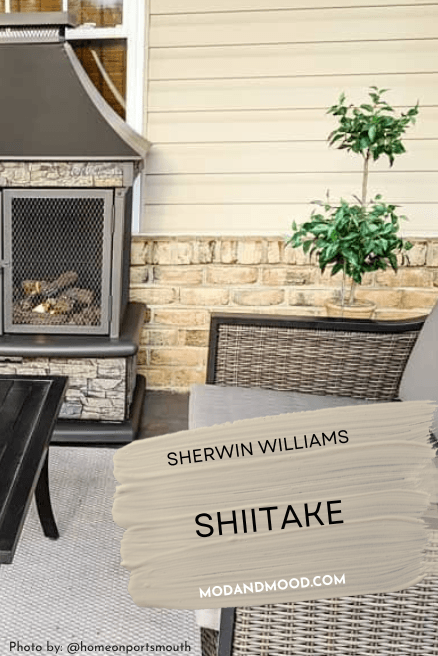 Swatch of Sherwin Williams Shiitake over the color on siding behind a patio.