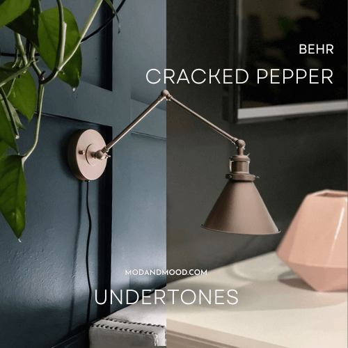 Behr Cracked Pepper with a foresty green undertone on the left, and a browny olive undertone on the right.
