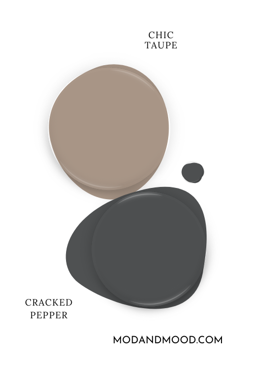 Paint dot swatch of Behr cracked Pepper beside the same of coordinating color chic taupe.