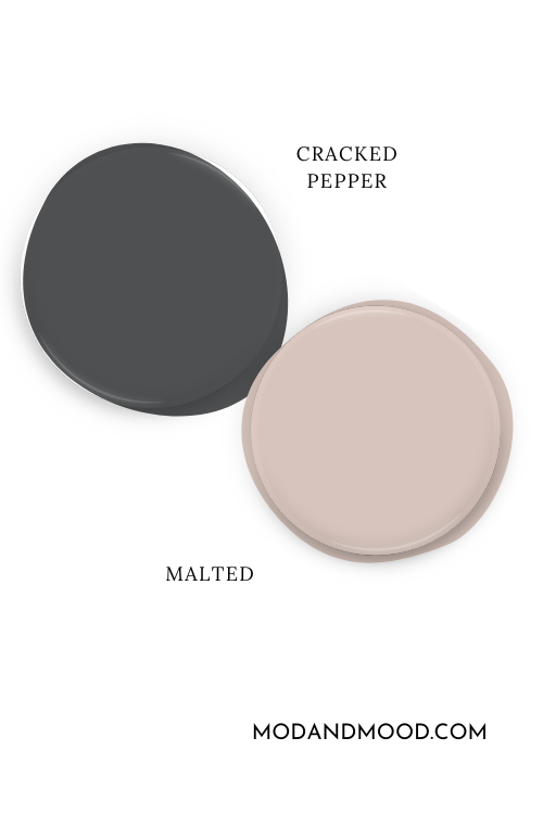 Paint dot swatch of Behr cracked Pepper beside the same of coordinating color Malted