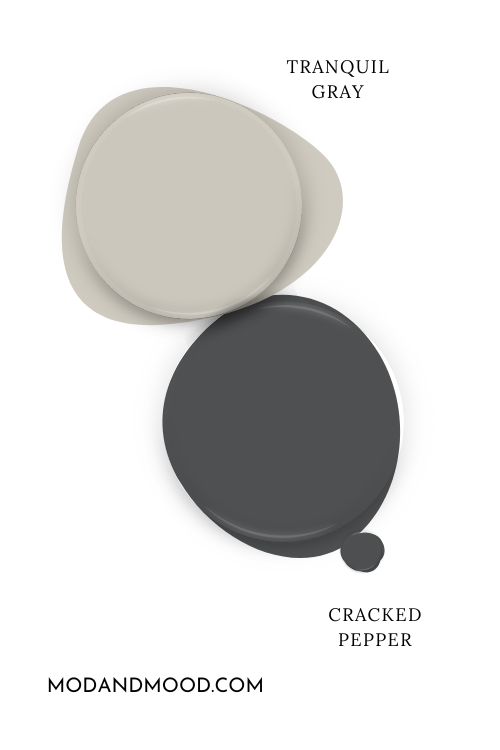 Paint dot swatch of Behr cracked Pepper beside the same of coordinating color Tranquil Gray