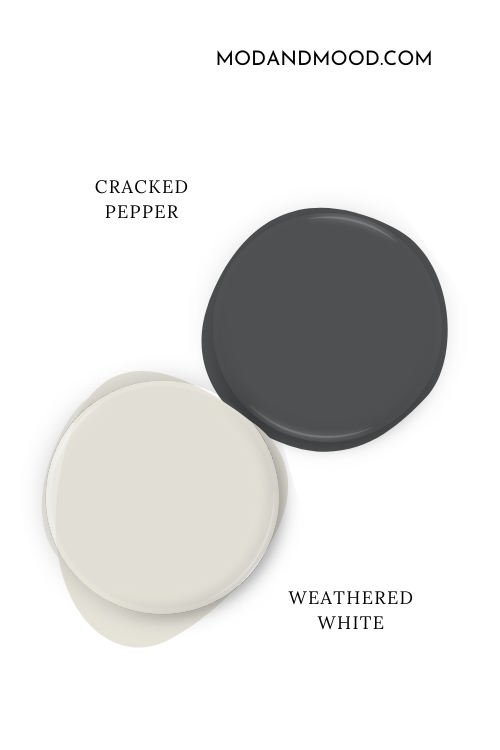 Paint dot swatch of Behr cracked Pepper beside the same of coordinating color weathered white