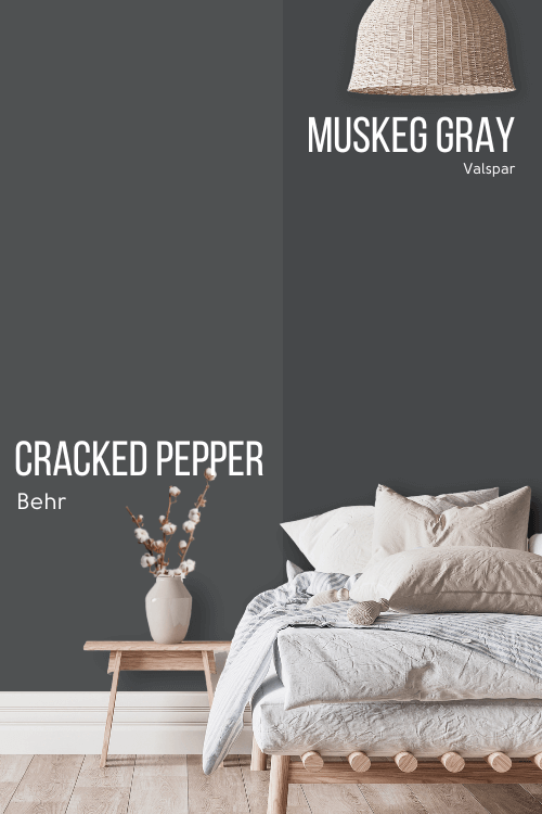 Behr Cracked Pepper on one half of a wall with Valspar dupe Muskeg Gray on the other half behind a bed with white linens