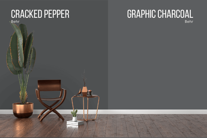 Behr Cracked Pepper on one half of a wall with Graphic Charcoal on the other half behind a wooden chair and a potted plant