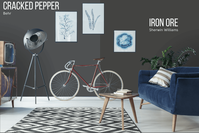 Behr Cracked Pepper on one half of a wall with Iron Ore on the other half behind a blue sofa, a bicycle, and retro tv set