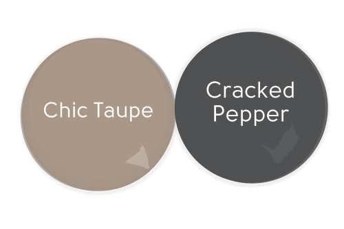 Cracked Pepper swatched beside coordinating color Behr Chic Taupe