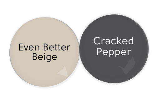 Cracked Pepper swatched beside coordinating color Behr Even Better Beige
