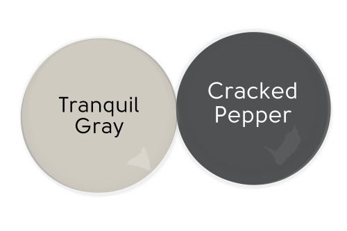 Cracked Pepper swatched beside coordinating color Behr Tranquil Gray
