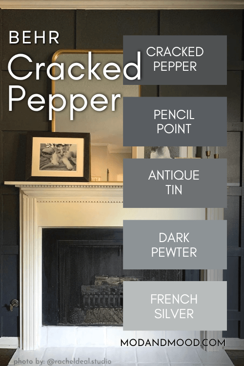 Behr Cracked Pepper on a color strip with lighter shades Pencil Point, Antique Tin, Dark Pewter, and French Silver, over a background of cracked pepper on a fireplace wall.