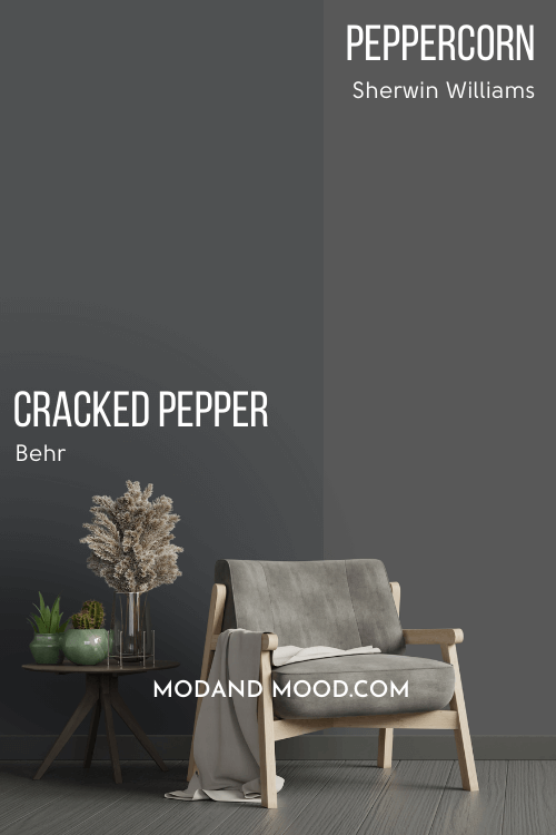 Behr Cracked Pepper on one half of a wall with Sherwin Williams dupe Peppercorn on the other half with a single chair and side table in front