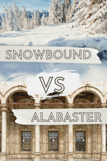 A snowy mountain scene above a photo of white marble arches. Graphic reads Snowbound vs Alabaster