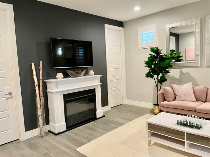 Behr cracked pepper on a wall in the living room behind a fireplace.