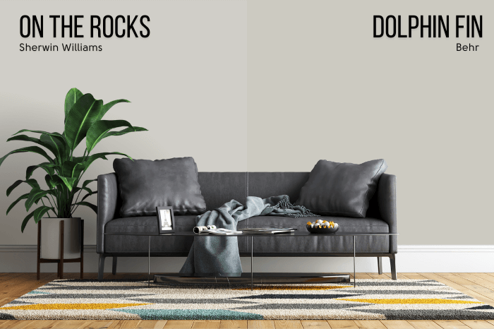 Sherwin Williams On the Rocks on half of a wall with Behr equivalent Dolphin Fin on the other half, in a living room behind a dark gray leather sofa.