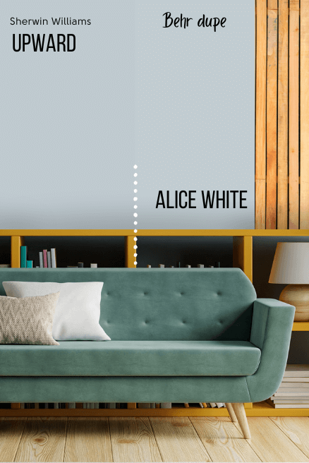 Sherwin Williams Upward on one half of a wall, with dupe Behr Alice White on the other half with a sage green sofa.