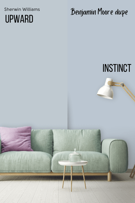 Sherwin Williams Upward on one half of a wall, with Benjamin Moore Instinct on the other half with a mint green sofa.