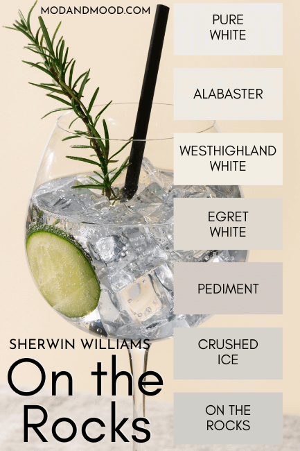 Sherwin Williams On the Rocks color strip features Pure White, Alabaster, Westhighland White, Egret White, Pediment, Crushed Ice, and On the Rocks. Background is a cup of ice with a sprig of Rosemary and a slice of cucumber.