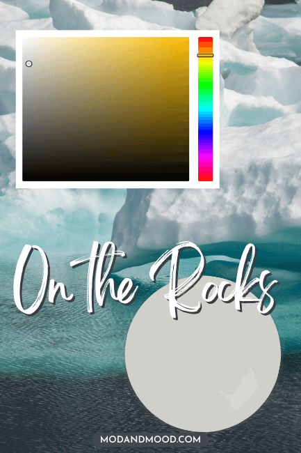 Swatch of On the Rocks beside a hex chart of the color over a background of an iceberg in blue water