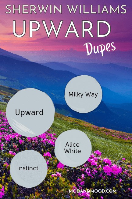 Sherwin Williams Upwards Dupes include Milky Way, Instinct, and Alice White, all on paint drops with a paint drop of Upward over a mountain sunset