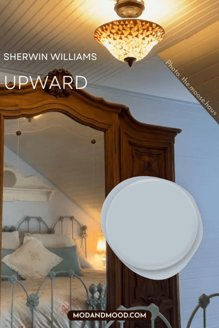 Sherwin Williams Upward swatched over a photo of the same color on a bedroom wall and a wood wardrobe