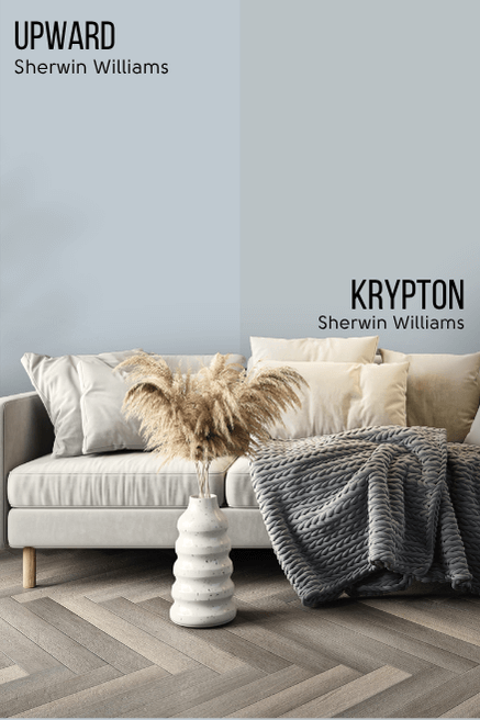Sherwin Williams Upward on half of a wall and Krypton on the other half behind a light gray sofa.