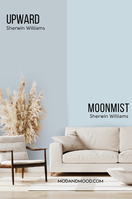 Sherwin Williams Upward on half of a wall and Moonmist on the other half behind a white sofa and a tall vase of pampas grass.