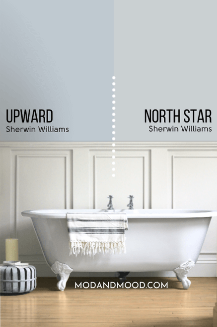 Sherwin Williams Upward on half of a wall and North Star on the other half behind a white clawfoot tub and white wainscoting in a bathroom.