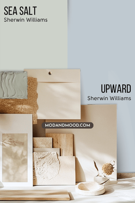 Sherwin Williams Upward on half of a wall and Sherwin Williams Sea Salt on the other half behind a variety of neutral stationary.