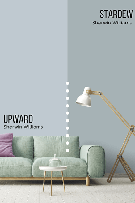 Sherwin Williams Upward on half of a wall and Stardew on the other half behind a mint green sofa with a wood frame.