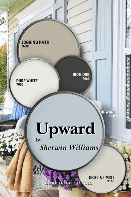 Sherwin Williams Upward color palette features the following colors all on paint lids over a background of Repose Gray on siding with Upward blue shutters: Jogging Path, Iron ore, Pure White, Drift of Mist, and Upward