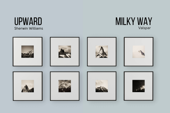 Sherwin Williams Upward on one half of a wall, with Valspar Milky Way on the other half with a black and white gallery wall