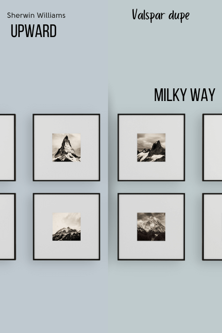 Sherwin Williams Upward on one half of a wall, with Valspar Milky Way on the other half with a black and white gallery wall