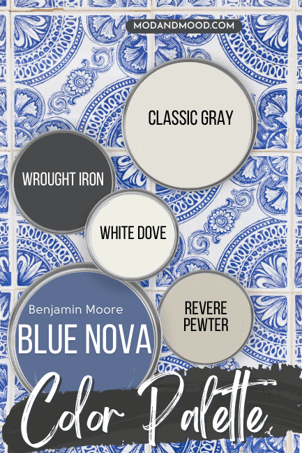 Blue Nova color palette over a background of blue and white tile features Blue Nova, Revere Pewter, White Dove, Wrought Iron, and Classic Gray, all on paint lids.