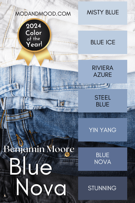 The blue nova color strip features from light to dark: Misty Blue, Blue Ice, Riviera Azure, Steel Blue, Yin Yang, Blue Nova, and Stunning over a background of a pile of jeans laying white to dark.