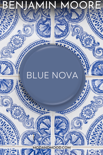 Swatch of Benjamin Moore Blue Nova over a background of blue Portuguese tiles