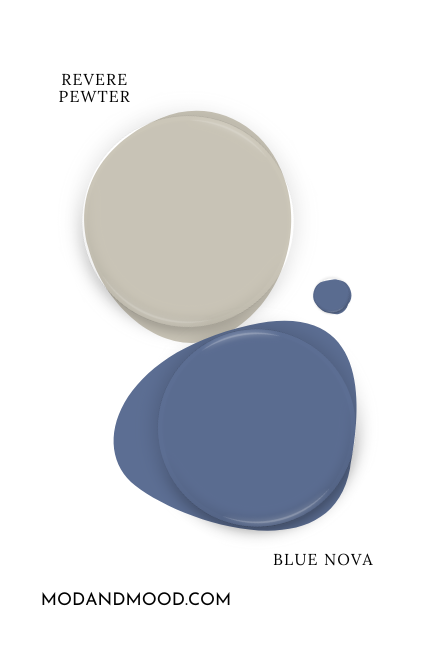 Paint drops of Revere Pewter and Blue Nova side by side