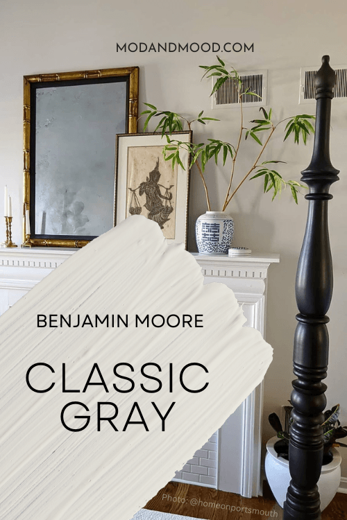Benjamin Moore Classic Gray swatched over a photo of the color in a living room