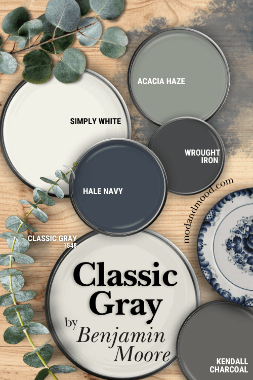 Benjamin Moore Classic Gray color palette features each of the following colors all on paint lids: Kendall Charcoal, Classic Gray, Wrought Iron, Simply White, Hale Navy, and Acacia Haze