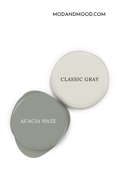 Benjamin Moore Classic Gray paint dot, beside a paint dot of Sherwin Williams Acacia Haze
