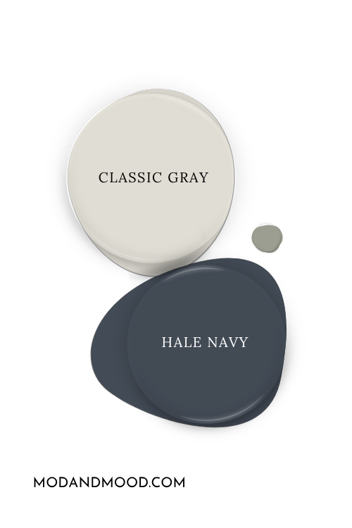 Benjamin Moore Classic Gray paint dot, beside a paint dot of Hale Navy.